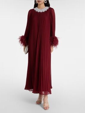 Self Portrait Red Embellished Ostrich Feather-Trimmed Chiffon Maxi Dress